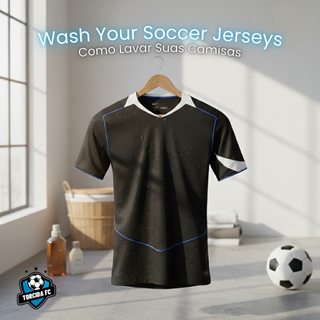 Black soccer jersey on a hanger in a bright room, with the title “Wash Your Soccer Jerseys – How to Wash Your Shirts”, next to a soccer ball and the Torcida FC logo.