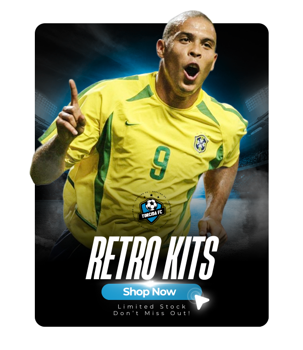 Retro kits – Ronaldo Nazário wearing classic Brazil jersey. Shop Now – Limited Stock.
