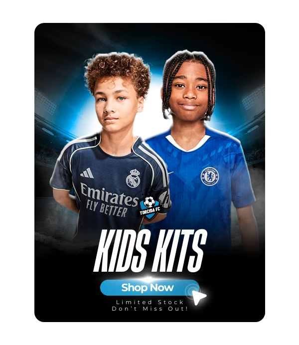 Kids soccer kits – two children wearing Real Madrid and Chelsea jerseys. Shop Now – Limited Stock.